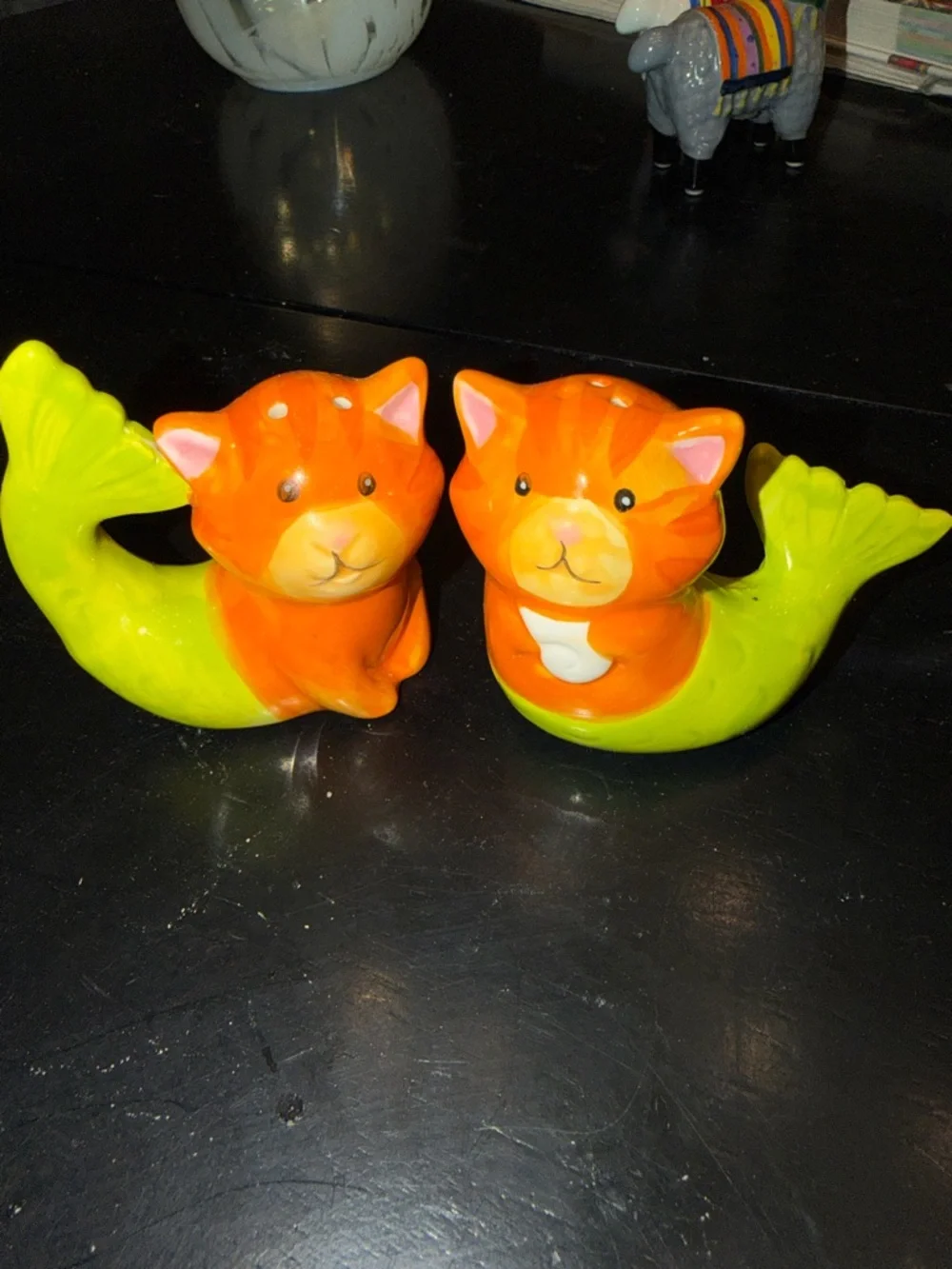 Orange & Lime Cat-Mermaid Ceramic Salt and Pepper Shaker Set